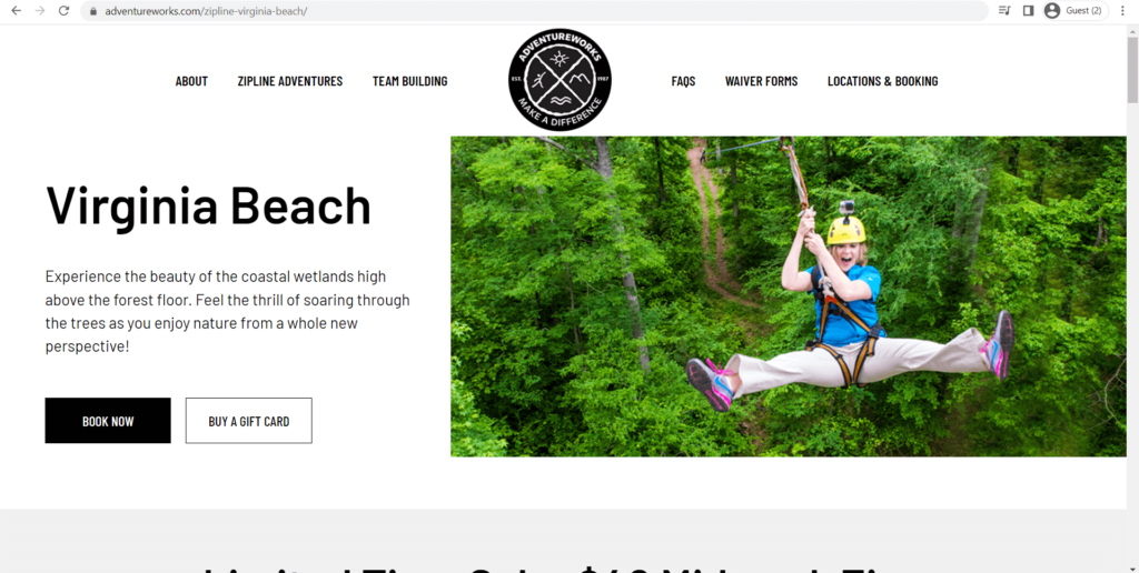 Homepage of Adventureworks Wetland Zipline Park's website
Link: https://www.adventureworks.com/zipline-virginia-beach/