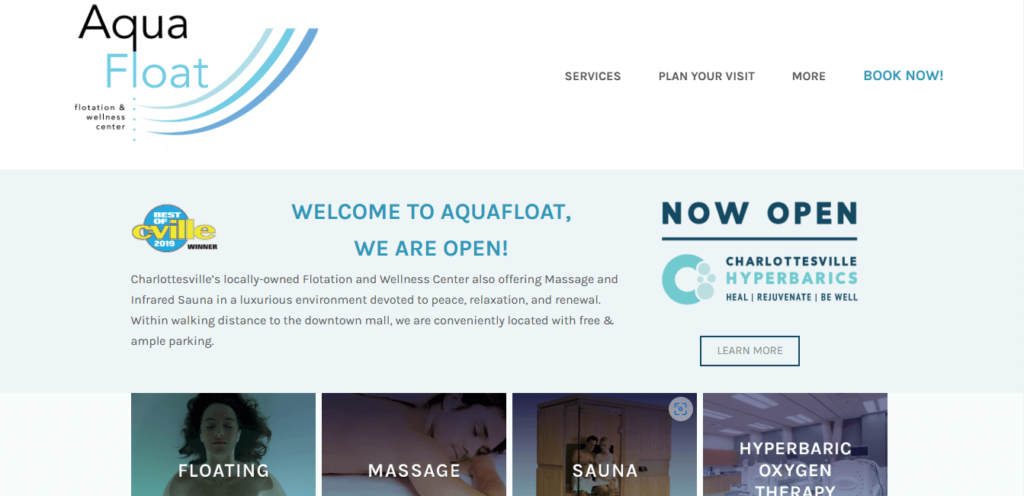 Homepage of Aqua Float Spa /aquafloatcville.com