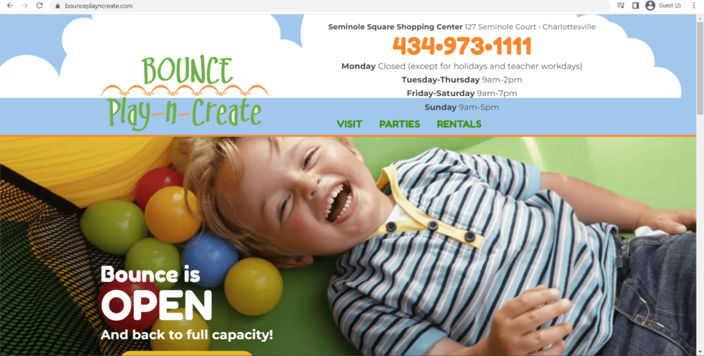 Homepage of BOUNCE Play-n-Create's website
Link: https://bounceplayncreate.com/
