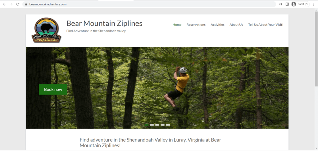 Homepage of Bear Mountain Ziplines' website
Link: https://bearmountainadventure.com/
