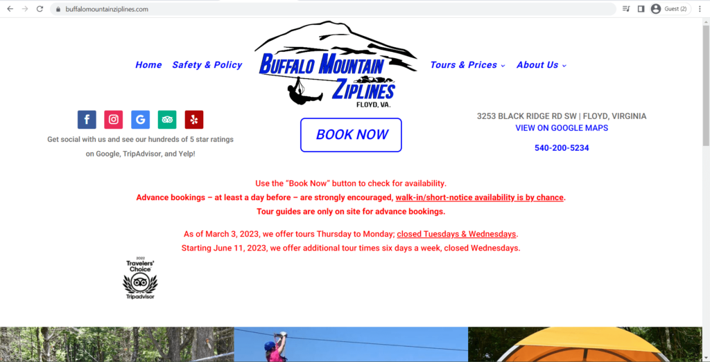 Homepage of Buffalo Mountain Ziplines' website
Link: https://buffalomountainziplines.com/