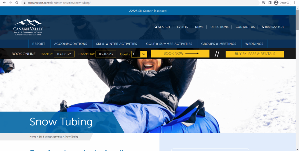 Homepage of Canaan Valley Snow-Tubing Area's website
Link: https://www.canaanresort.com/ski-winter-activities/snow-tubing/