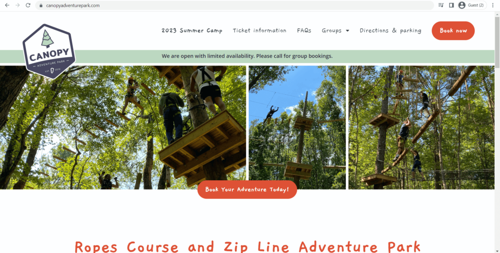 Homepage of Canopy Adventure Park's website
Link: https://www.canopyadventurepark.com/