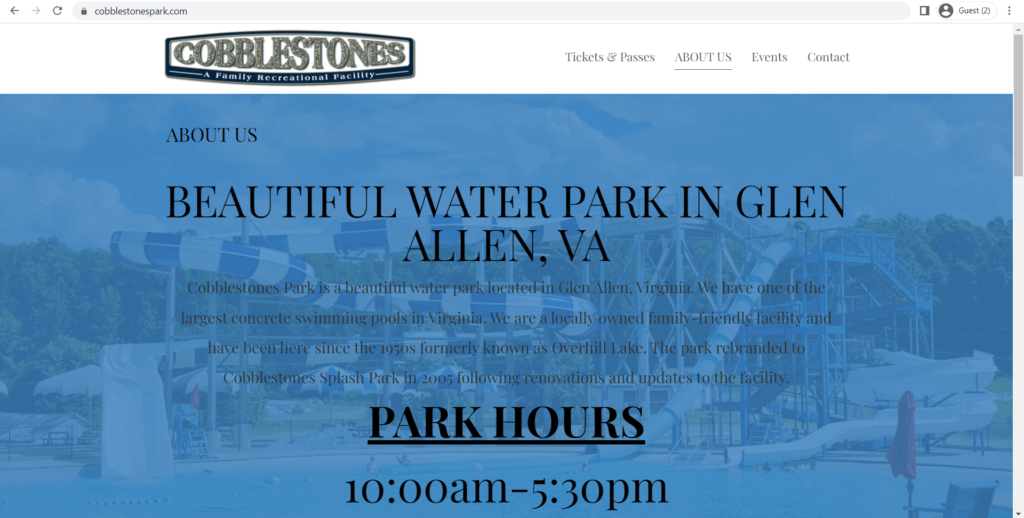 Homepage of Cobblestones Water Park's website
Link: https://cobblestonespark.com/