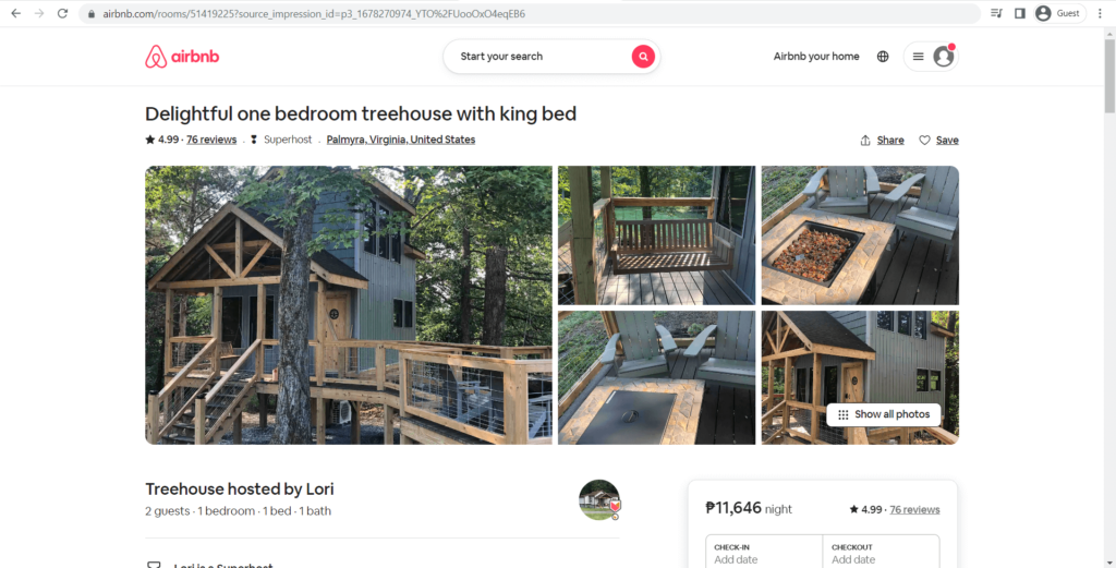 Delightful One Bedroom Treehouse as seen on Airbnb's website
Link: https://www.airbnb.com/rooms/51419225?source_impression_id=p3_1678270974_YTO%2FUooOxO4eqEB6