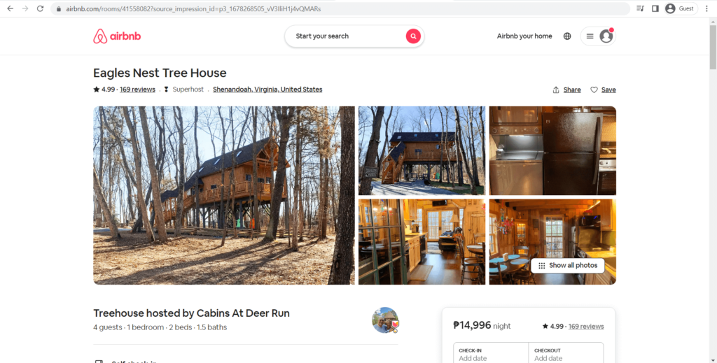 Eagles Nest Tree House as seen on Airbnb's website
Link: https://www.airbnb.com/rooms/41558082?source_impression_id=p3_1678268505_vV3IliH1j4vQMARs