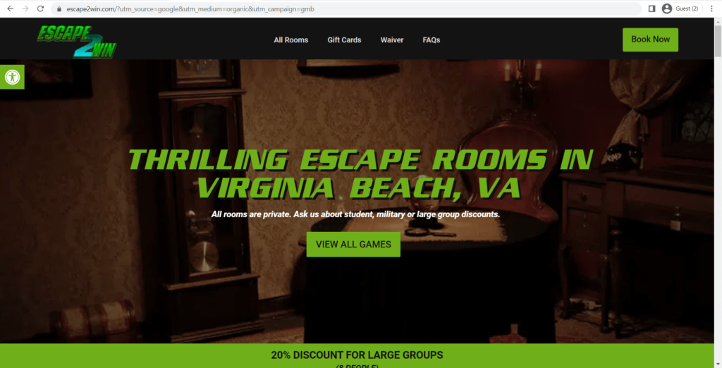 Homepage of Escape2Win Escape Rooms Virginia Beach's website
Link: https://escape2win.com/?utm_source=google&utm_medium=organic&utm_campaign=gmb