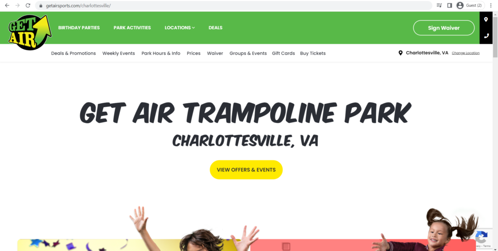 Homepage of Get Air Trampoline Park's website
Link: https://getairsports.com/charlottesville/