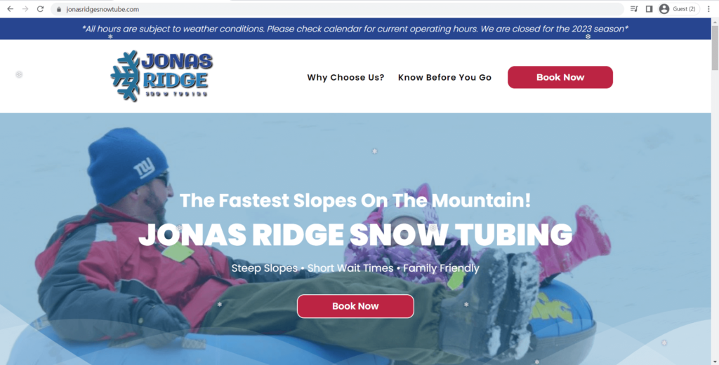 Homepage of Jonas Ridge Snow Tubing Park's website
Link: https://jonasridgesnowtube.com/