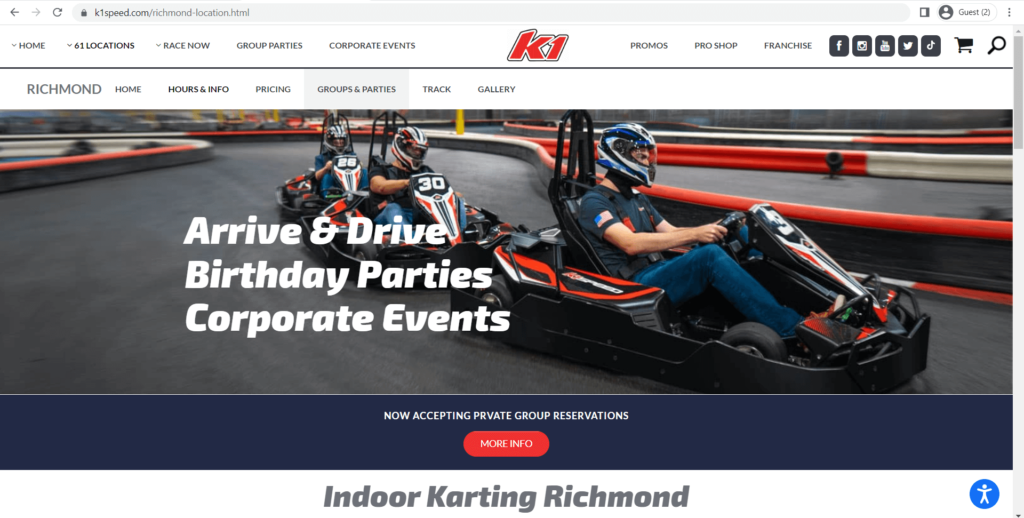 Homepage of K1 Speed's website
Link: https://www.k1speed.com/richmond-location.html
