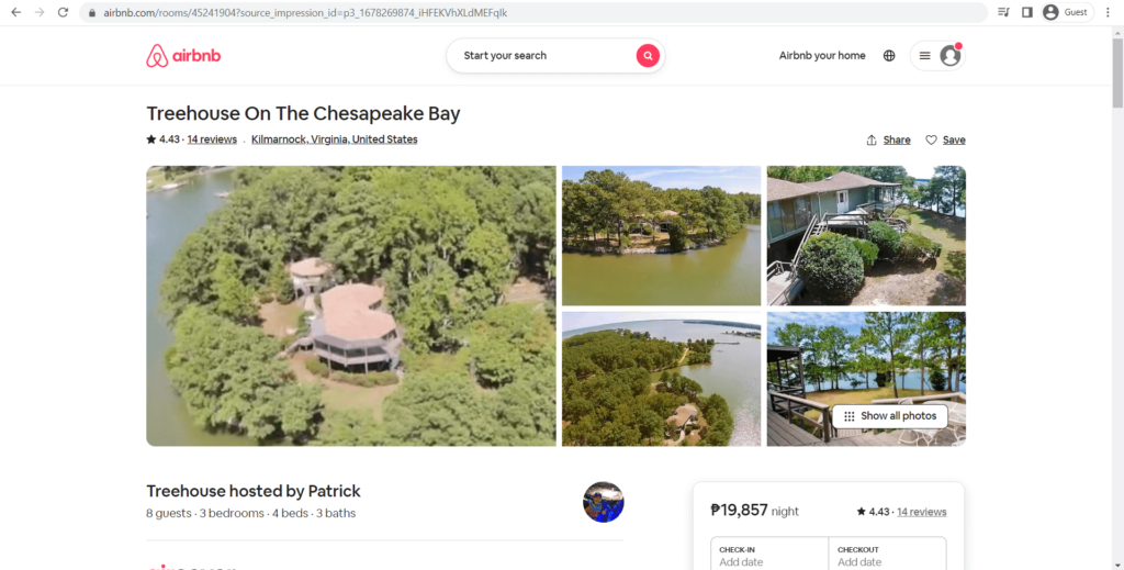 Lakeside Treehouse On The Chesapeake Bay as seen on Airbnb's website
Link: https://www.airbnb.com/rooms/45241904?source_impression_id=p3_1678269874_iHFEKVhXLdMEFqIk