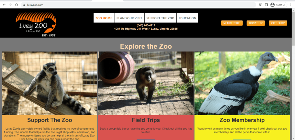 Homepage of Luray Zoo A Rescue Zoo's website
Link: https://www.lurayzoo.com/