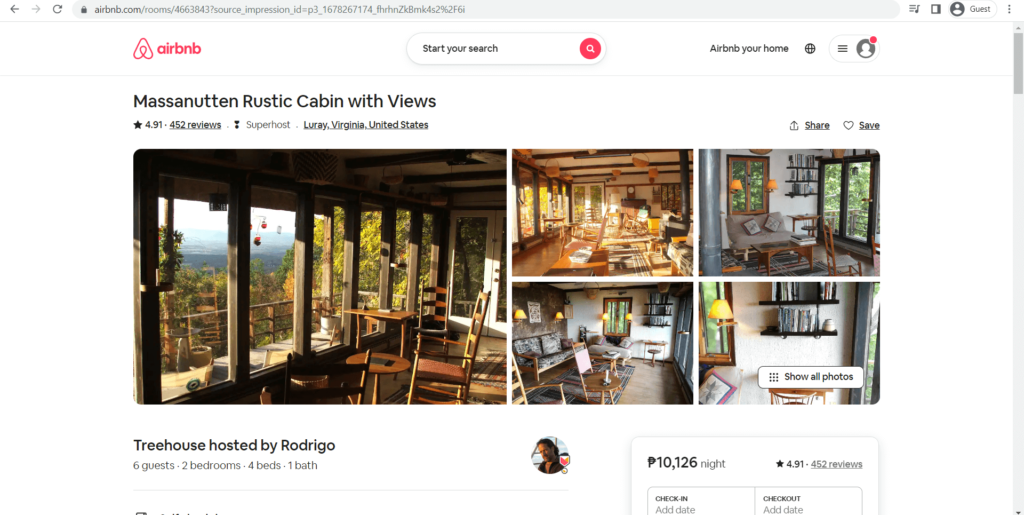 Massanutten Rustic Cabin as seen on Airbnb's website
Link: https://www.airbnb.com/rooms/4663843?source_impression_id=p3_1678267174_fhrhnZkBmk4s2%2F6i