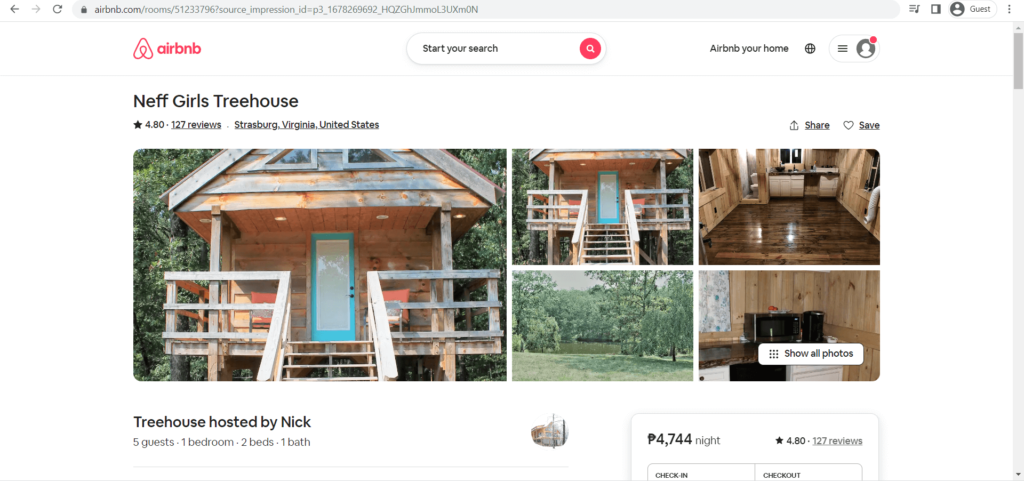 Neff Girls Treehouse as seen on Airbnb's website
Link: https://www.airbnb.com/rooms/51233796?source_impression_id=p3_1678269692_HQZGhJmmoL3UXm0N