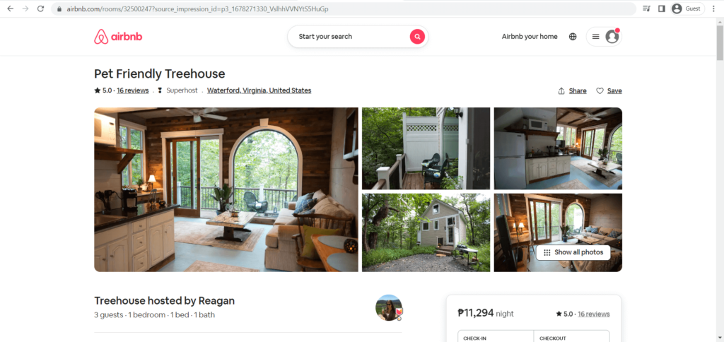 Pet Friendly Treehouse as seen on Airbnb's website
Link: https://www.airbnb.com/rooms/32500247?source_impression_id=p3_1678271330_VslhhVVNYtS5HuGp