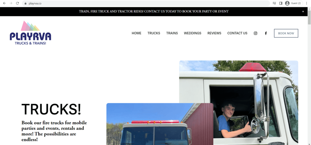 Homepage of Play RVA Trucks & Trains: Rides & Rentals' website
Link: https://www.playrva.co/
