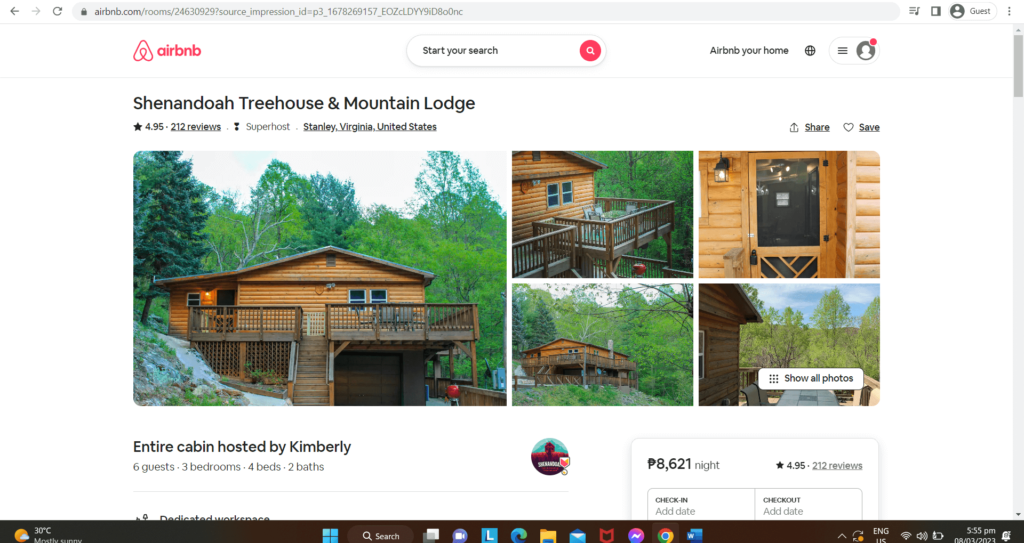 Shenandoah Treehouse & Mountain Lodge as seen on Airbnb's website
Link: https://www.airbnb.com/rooms/24630929?source_impression_id=p3_1678269157_EOZcLDYY9iD8o0nc