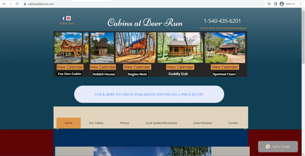 Homepage of Spotted Fawn at Cabins at Deer Run's website
Link: https://www.cabinsatdeerrun.com/