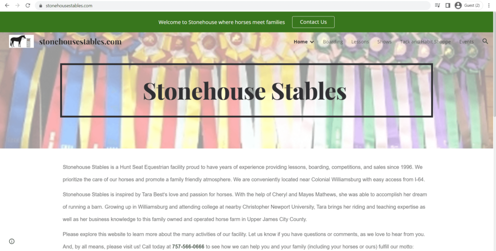 Homepage of Stonehouse Stables' website
Link: https://www.stonehousestables.com/