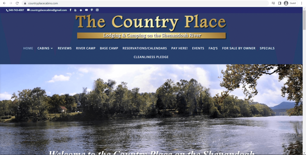 Homepage of The Country Place Inc. Lodging and Camping on the Shenandoah River's website
Link: https://countryplacecabins.com/