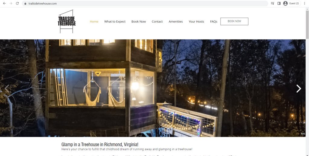 Homepage of Trailside Treehouse's website
Link: https://www.trailsidetreehouse.com/