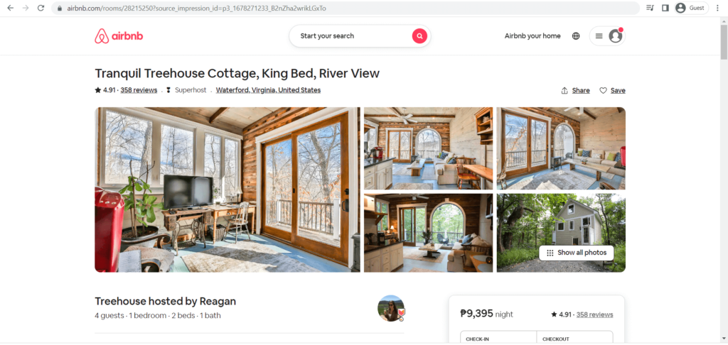 Tranquil Treehouse Cottage as seen on Airbnb's website
Link: https://www.airbnb.com/rooms/28215250?source_impression_id=p3_1678271233_B2nZha2wrikLGxTo