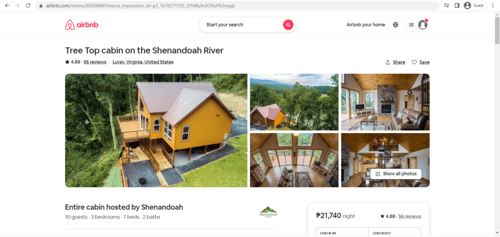 Tree Top Cabin on the Shenandoah River as seen on Airbnb's website
Link: https://www.airbnb.com/rooms/20029849?source_impression_id=p3_1678271555_3YhWyXv2O%2Fk3mgqI