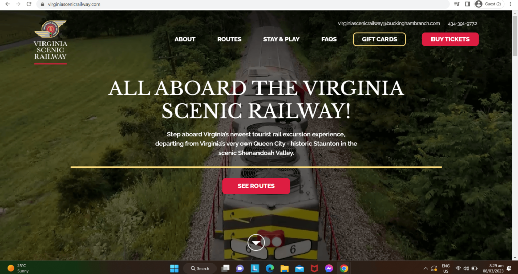 Homepage of Virginia Scenic Railway's website
Link: https://www.virginiascenicrailway.com/