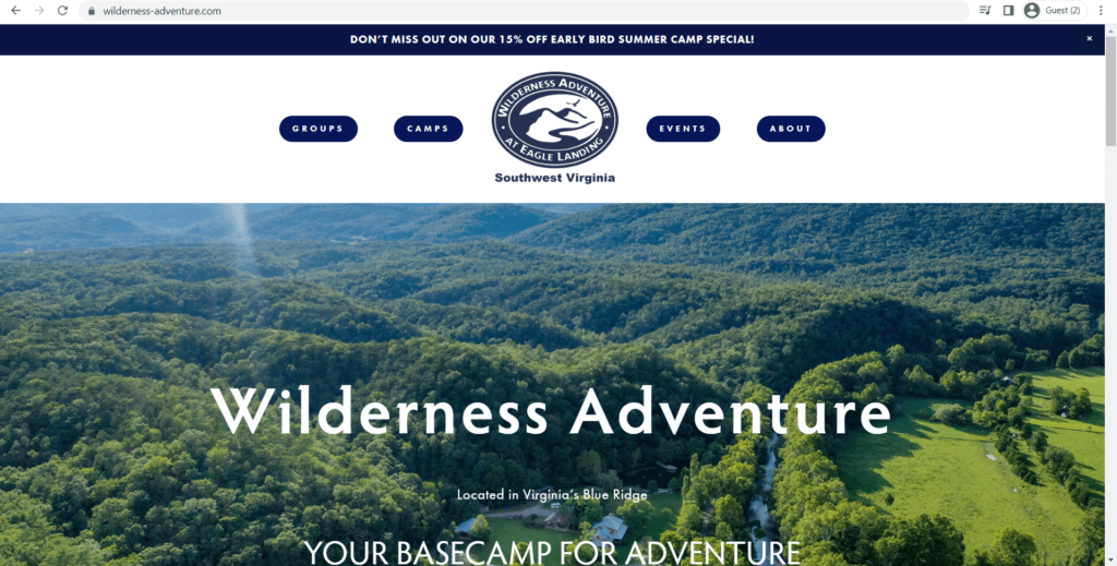 Homepage of Wilderness Adventure At Eagle Landing's website
Link: https://www.wilderness-adventure.com/